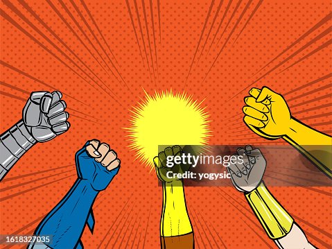 Vector Pop Art Superhero Fists up in the Air Stock Illustration Vector Pop Art Superhero Fists up in the Air Stock Illustration
