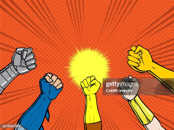 ilustrações de stock, clip art, desenhos animados e ícones de vector pop art superhero fists up in the air stock illustration - vestir se