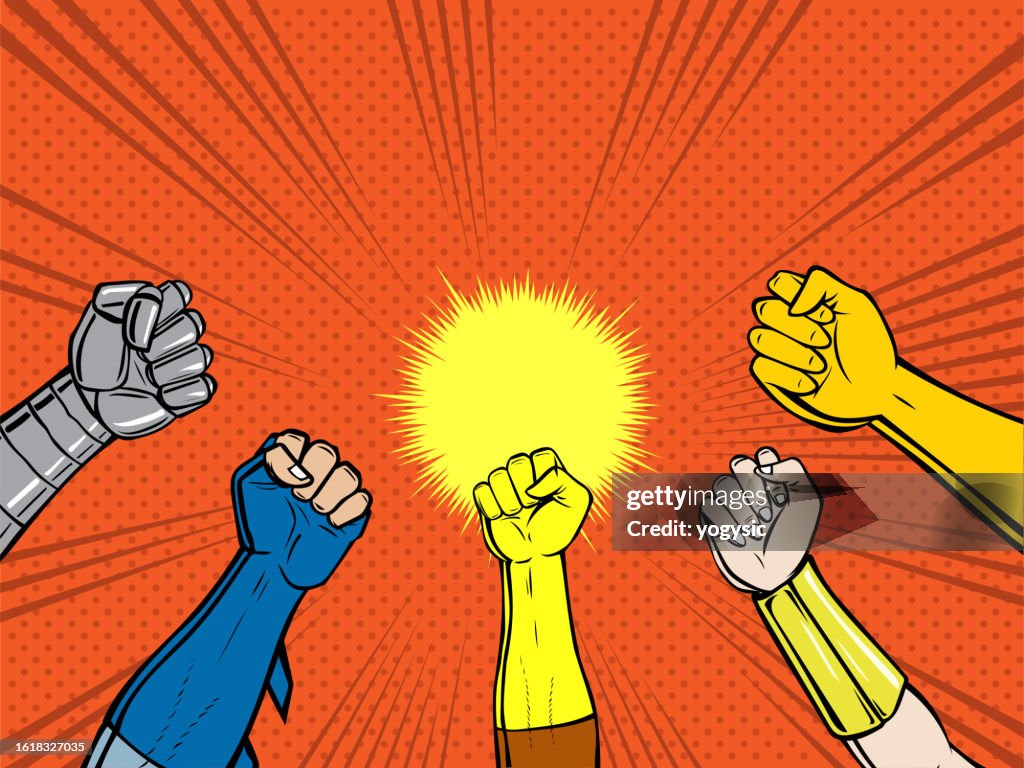 Vector Pop Art Superhero Fists up in the Air Stock Illustration