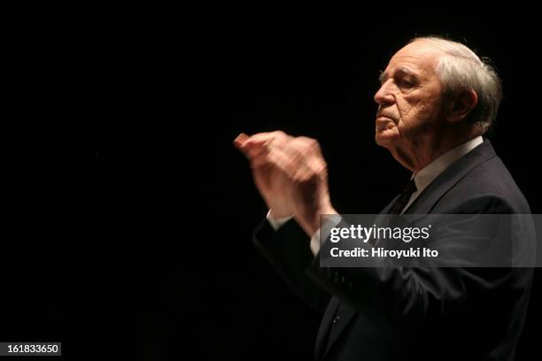 Pierre Boulez conducting musicians from the New Juilliard Ensemble and the Lucerne Festival Academy Ensemble at Peter Jay Sharp Theater on the...