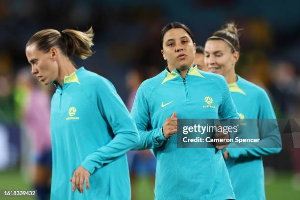 Sam Kerr of Australia warms up prior to the FIFA Women's World Cup Australia & New Zealand 2023 Semi Final match between Australia and England at...