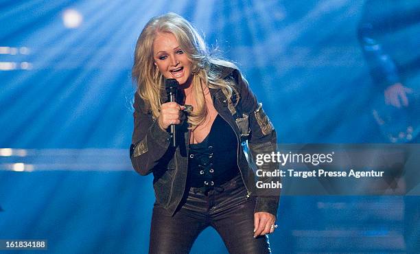 Bonnie Tyler performs during the 'Willkommen bei Carmen Nebel' 10 Years Anniversary Show at Velodrom on February 16, 2013 in Berlin, Germany.