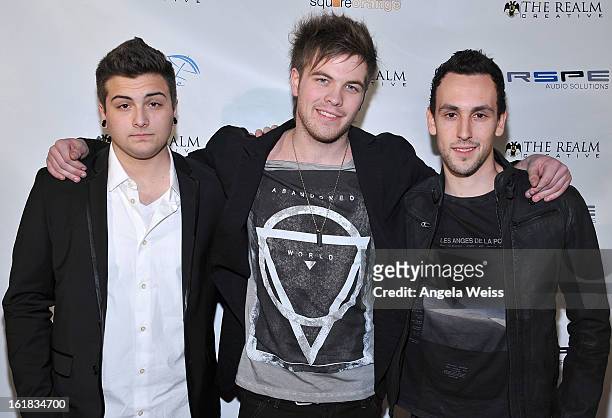 Max Liberty, Perry von Rosenvinge and Jason Jaques attend The Realm Creative red carpet premier party on February 16, 2013 in Los Angeles, California.