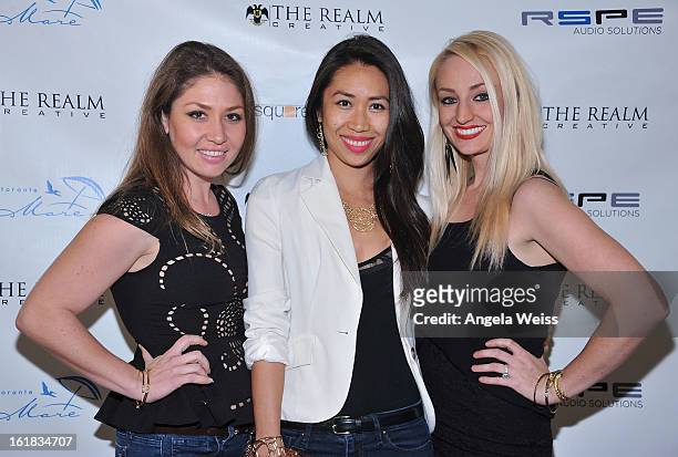 Gisselle Malsitano, Christine Chang and Tanya Dahl attend The Realm Creative red carpet premier party on February 16, 2013 in Los Angeles, California.
