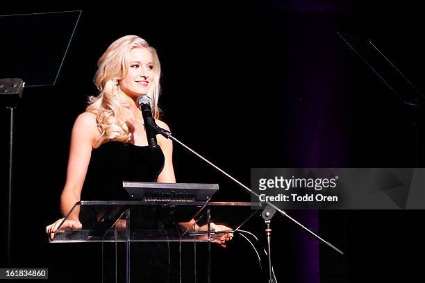Miss District of Columbia Allyn Rose speaks at the Date for the Cure To Benefit Susan G. Komen For The Cure on February 16, 2013 in Universal City,...