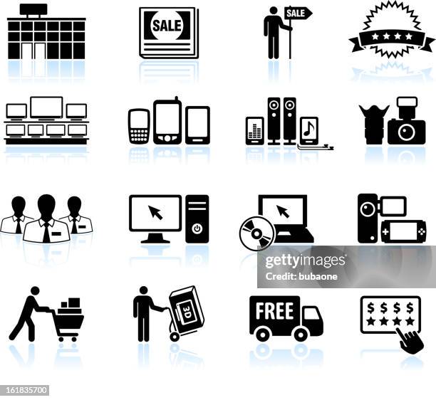 ilustraciones, imágenes clip art, dibujos animados e iconos de stock de tienda electrónica de consumo super sale & conjunto de iconos en blanco y negro - superalmacén