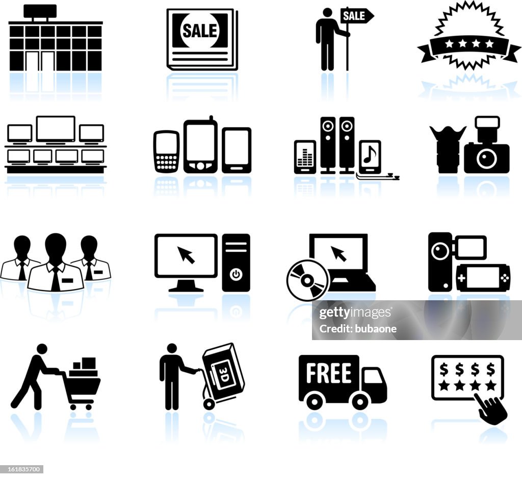 Consumer electronics super store sale black & white icon set