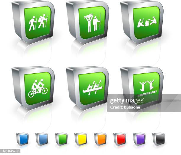 outdoor camping activity 3d vector icon set with metal rim - whitewater rafting stock illustrations