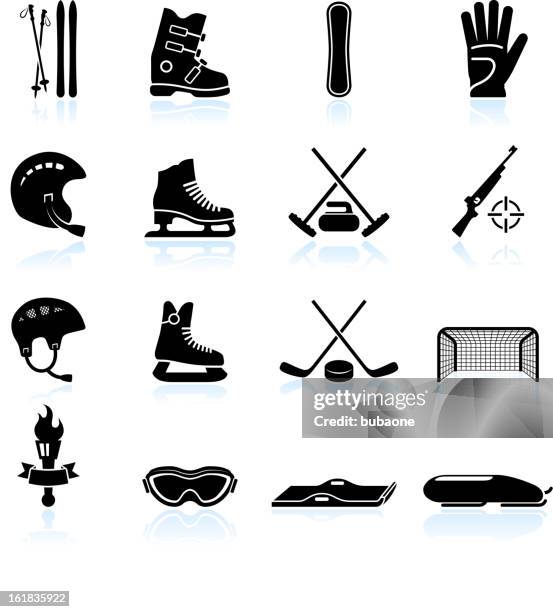 winter sports gear black and white vector icon set - skiing icon stock illustrations