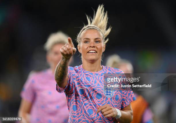 Rachel Daly of England gestures whilst warming up prior to the FIFA Women's World Cup Australia & New Zealand 2023 Semi Final match between Australia...