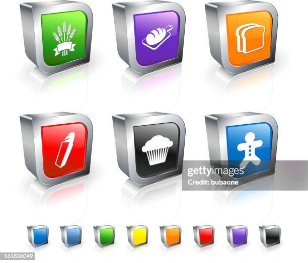 bakery diet 3d vector icon set with metal rim - bread roll white background stock illustrations