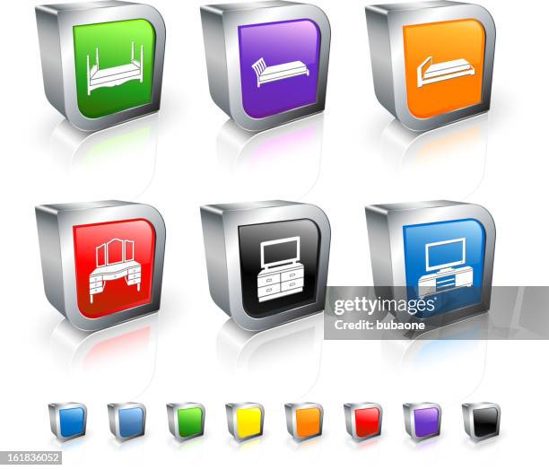 ilustraciones, imágenes clip art, dibujos animados e iconos de stock de dormitorio 3d vector conjunto de iconos de muebles con borde de metal - cama de columnas