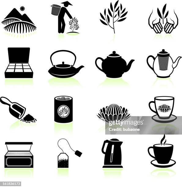 fresh tea black & white royalty free vector icon set - teapot icon stock illustrations