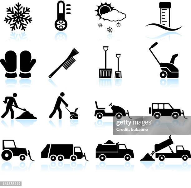 snow storm and removal black & white vector icon set - snow blower stock illustrations