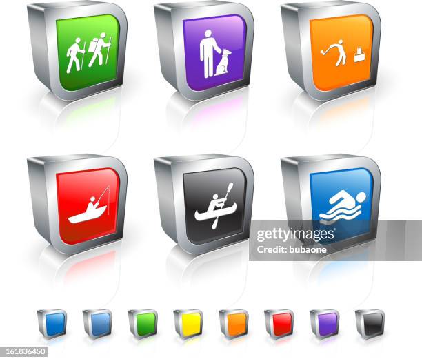 hiking trip 3d vector icon set with metal rim - dog swimming stock illustrations