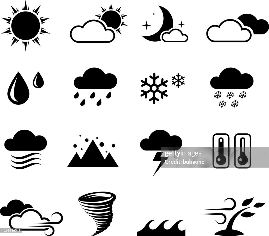 Weather forcast and seasons black & white vector icon set