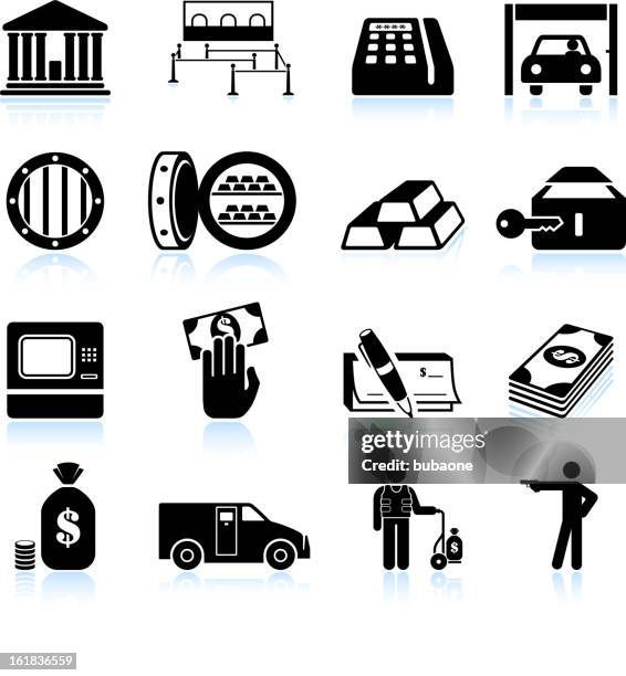 banking and finance black & white vector icon set - gunman stock illustrations