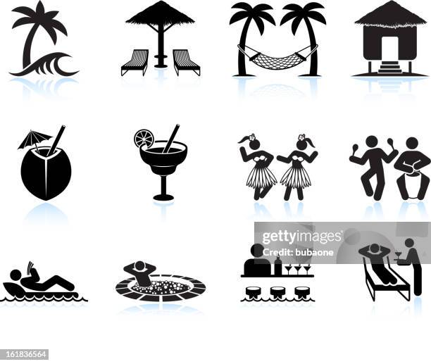 tropische insel-urlaub schwarzen und weißen icon-set - hammock-between-palm-trees stock-grafiken, -clipart, -cartoons und -symbole