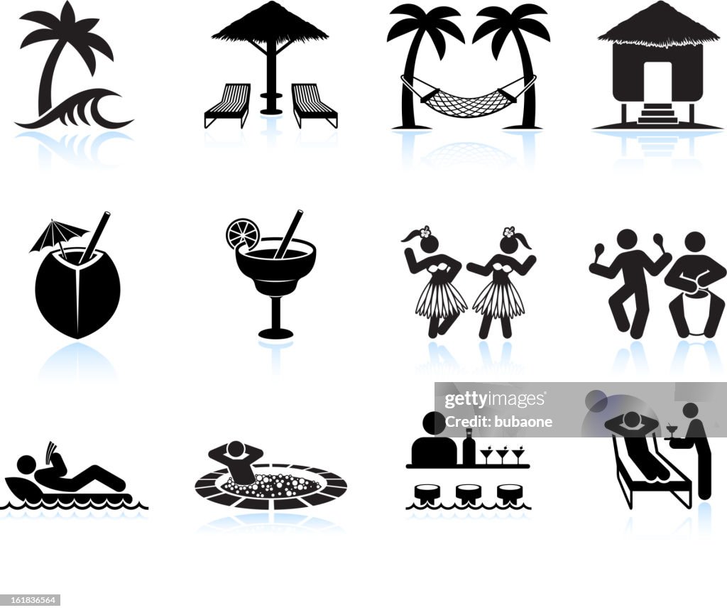 Tropical island vacation black and white icon set