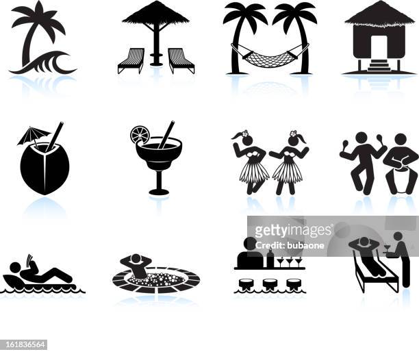 tropical island vacation black and white icon set - island hut stock illustrations