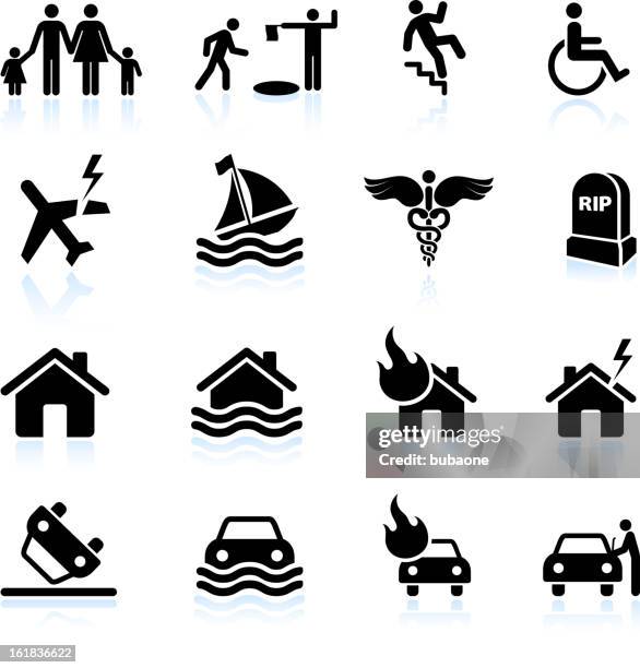 accident and insurance black & white vector icon set - flood icon stock illustrations