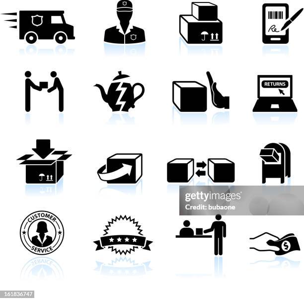 shipping, return and exchange black & white vector icon set - broken appliance stock illustrations