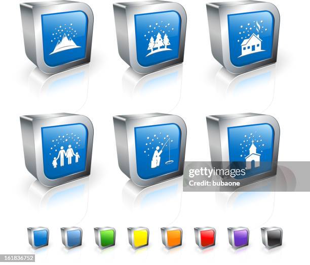 family winter holiday 3d vector icon set with metal rim. - ice fishing stock illustrations