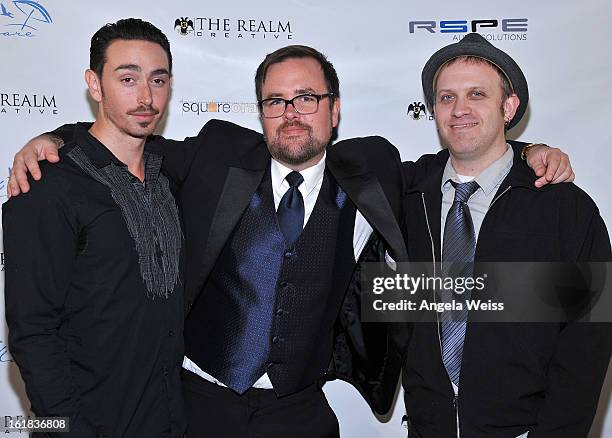 Bobby Dub, Lee Miles and Luke Thomas and Jorgeana Marie attend The Realm Creative red carpet premier party on February 16, 2013 in Los Angeles,...