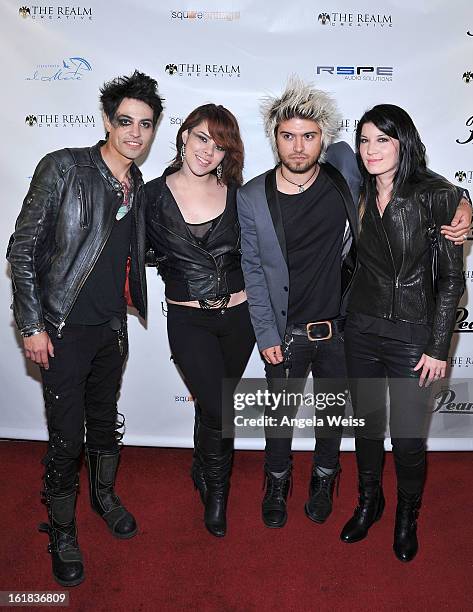 Ventura XIII, Melissa Pizarro, Zach Webb and Emma Anzai attend The Realm Creative red carpet premier party on February 16, 2013 in Los Angeles,...