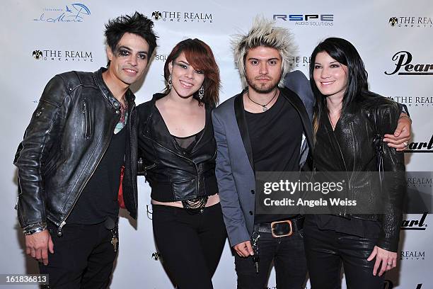 Ventura XIII, Melissa Pizarro, Zach Webb and Emma Anzai attend The Realm Creative red carpet premier party on February 16, 2013 in Los Angeles,...