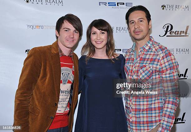 Drake Bell, Sara Lissner and Jarrod Parra attend The Realm Creative red carpet premier party on February 16, 2013 in Los Angeles, California.