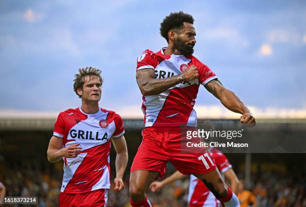 Jordan Roberts of Stevenage celebrates after scoring the team's first goal during the Sky Bet League One match between Cambridge United and Stevenage...
