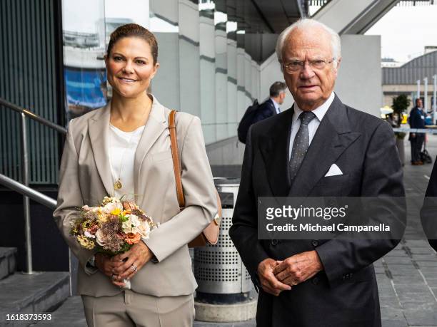Crown Princess Victoria and King Carl XVI Gustaf of Sweden attend a seminar for the Stockholm Water Prize 2023 at Stockholm Waterfront Congress...