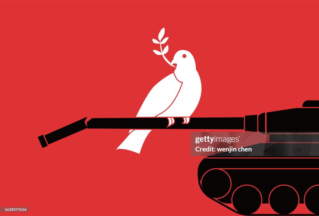 Anti war poster, Peace Dove standing on top of a dilapidated tank