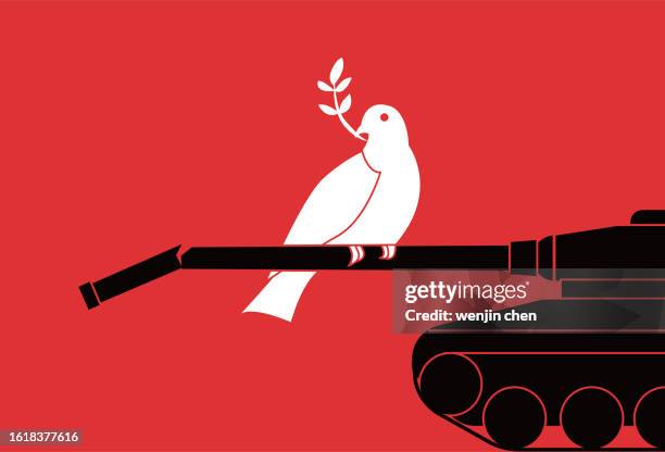 anti war poster, peace dove standing on top of a dilapidated tank - war stock illustrations