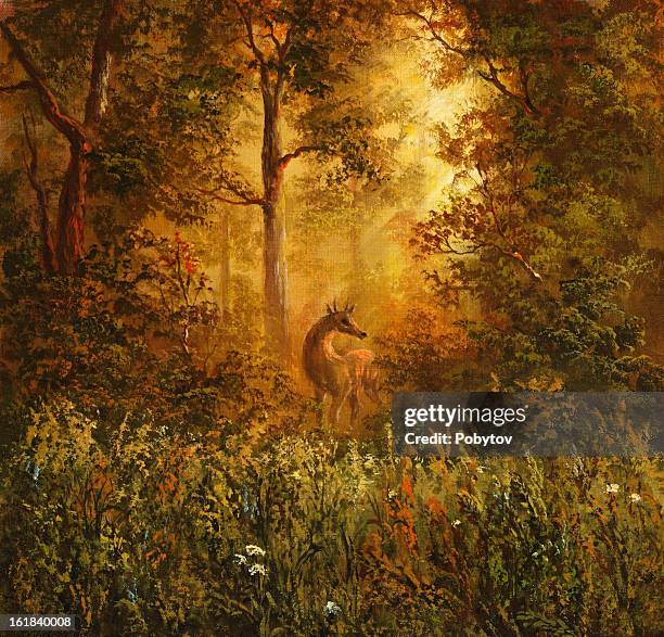 an amazingly illustration picture of a doe in the woods - majestic deer stock illustrations