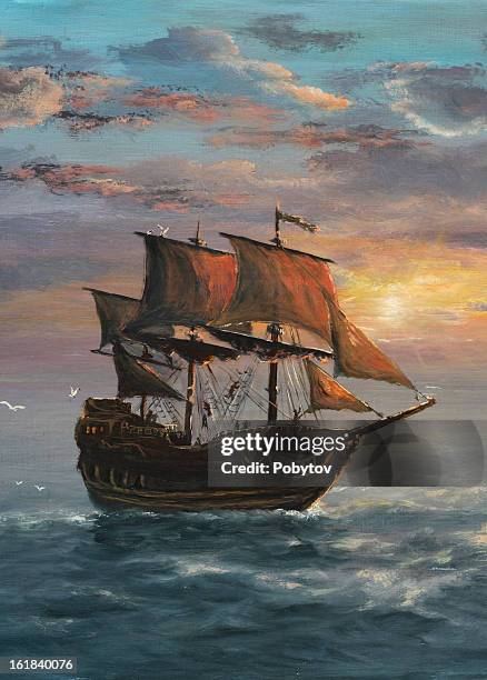 under sail - sailing ship painting stock illustrations