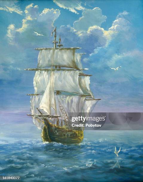 brigantine - sailboat painting stock illustrations