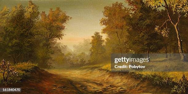 foggy road - forest morning light stock illustrations