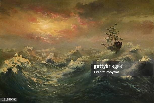 stockillustraties, clipart, cartoons en iconen met storming ocean - industrieel schip