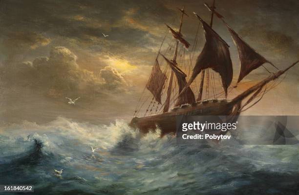 silhouette a schooner - ship stock illustrations
