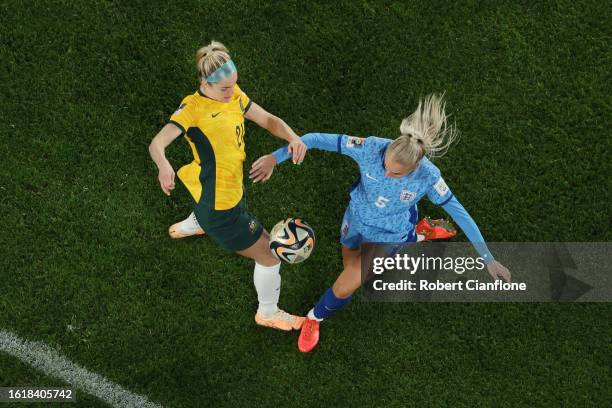 Ellie Carpenter of Australia is challenged by Alex Greenwood of England during the FIFA Women's World Cup Australia & New Zealand 2023 Semi Final...