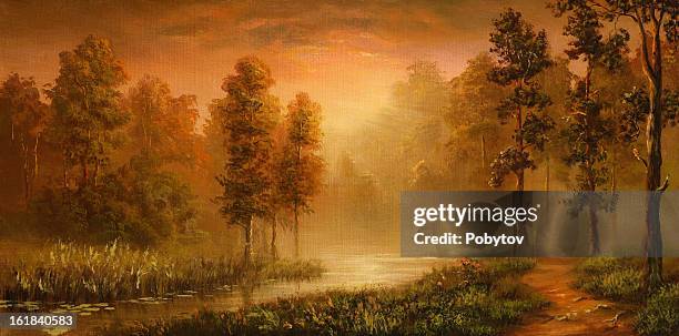 path in a fog - forest path sunlight stock illustrations