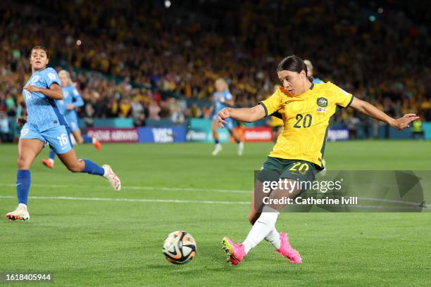 Sam Kerr of Australia shoots at goal during the FIFA Women's World Cup Australia & New Zealand 2023 Semi Final match between Australia and England at...