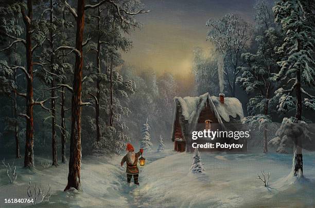 xmas evening - fairytale village stock illustrations