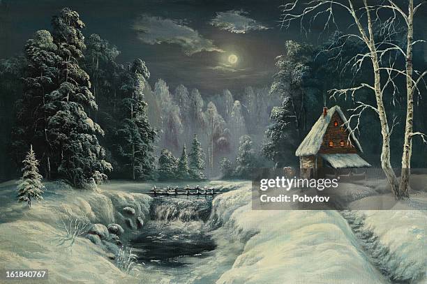 xmas moonlit night - frozen window stock illustrations