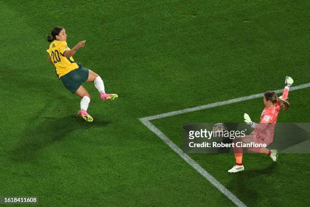 Sam Kerr of Australia shoots as Mary Earps of England makes a save during the FIFA Women's World Cup Australia & New Zealand 2023 Semi Final match...
