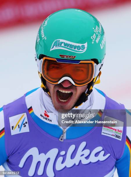 Felix Neureuther of Germany reacts in the finish area after skiing in the Men's Slalom during the Alpine FIS Ski World Championships on February 17,...