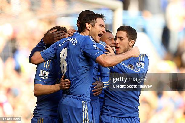 Frank Lampard of Chelsea celebrates after scoring their third goal during the FA Cup Fourth Round Replay between Chelsea and Brentford at Stamford...