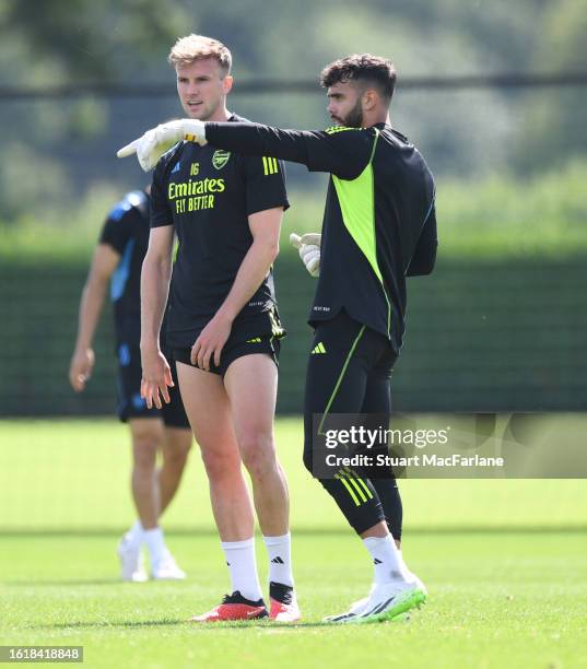 Rob Holding and David Raya of Arsenal during a training session at London Colney on August 15, 2023 in St Albans, England.